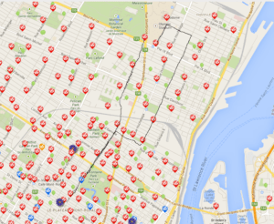 The line indicates my route, all of the circles are bixi sharing stations.